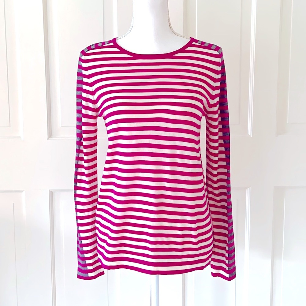 Akris Punto magenta, grey and white striped wool sweater M